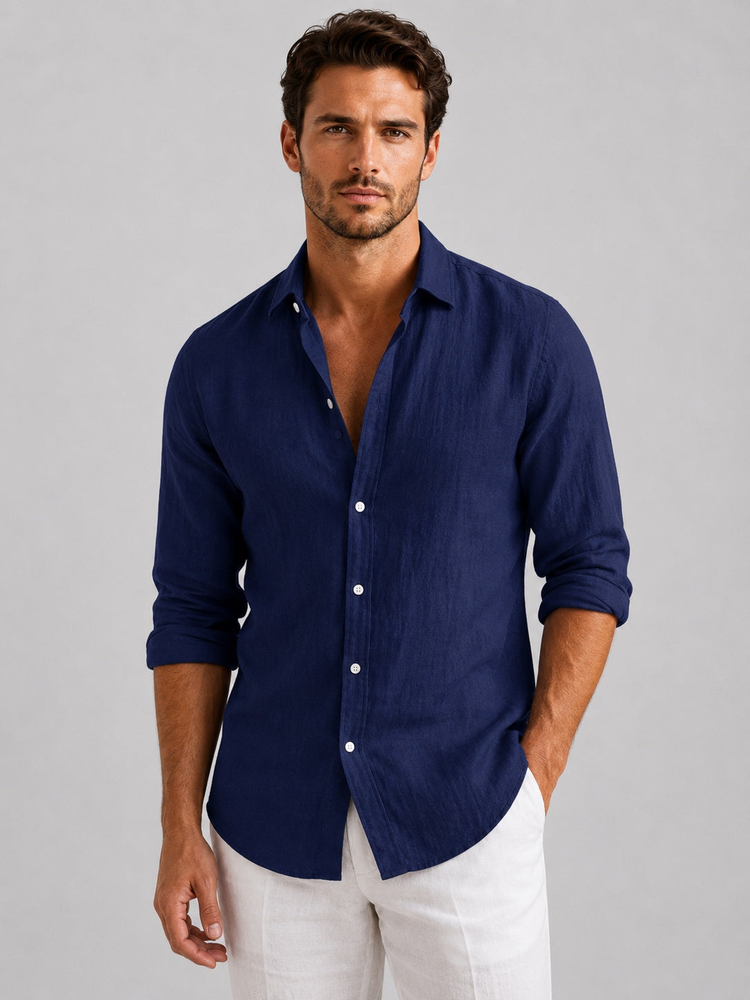 Emilio | Camisa de Lino de Manga Larga Hombre Cuello Clásico