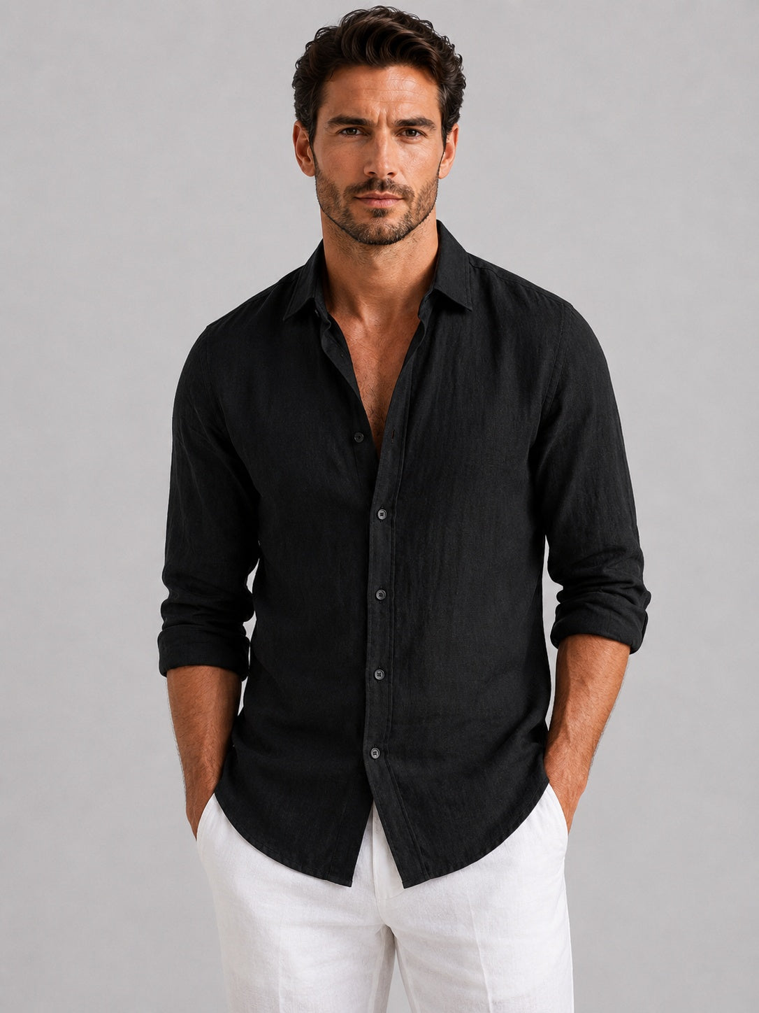 Emilio | Camisa de Lino de Manga Larga Hombre Cuello Clásico