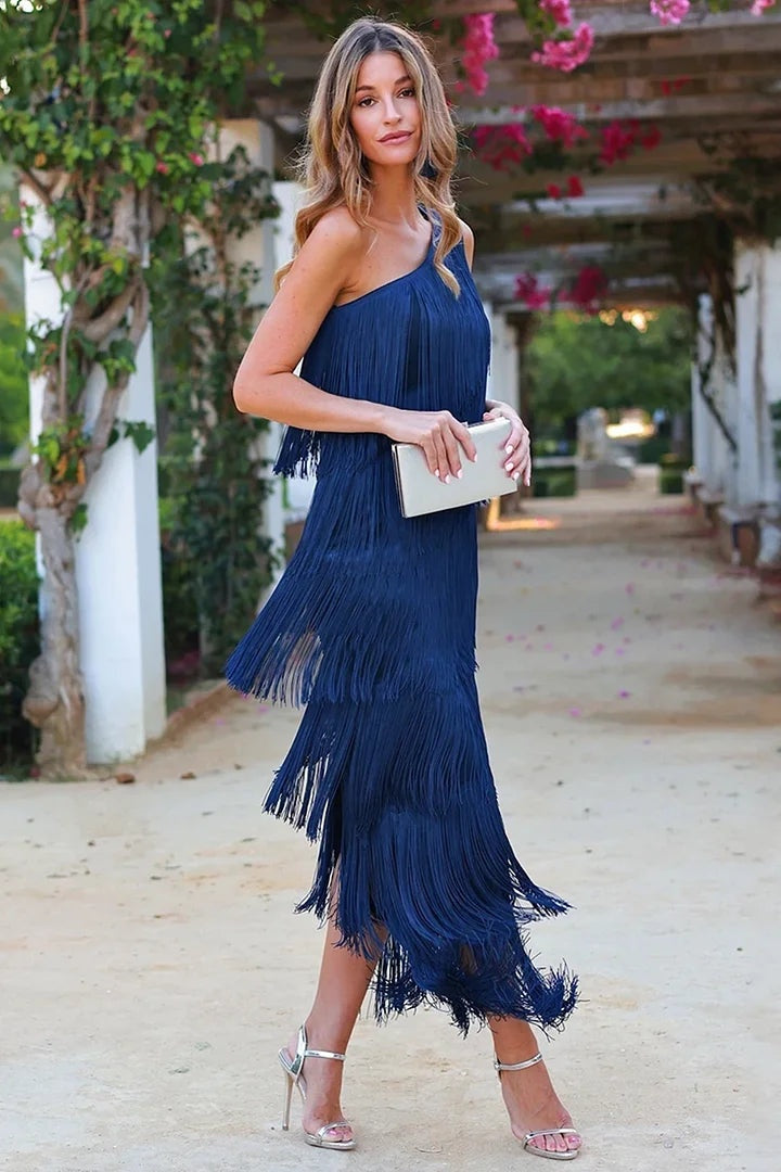 Nuvara | Esperanza | Vestido Largo Elegante Asimétrico de Un Hombro Mujer Flecos