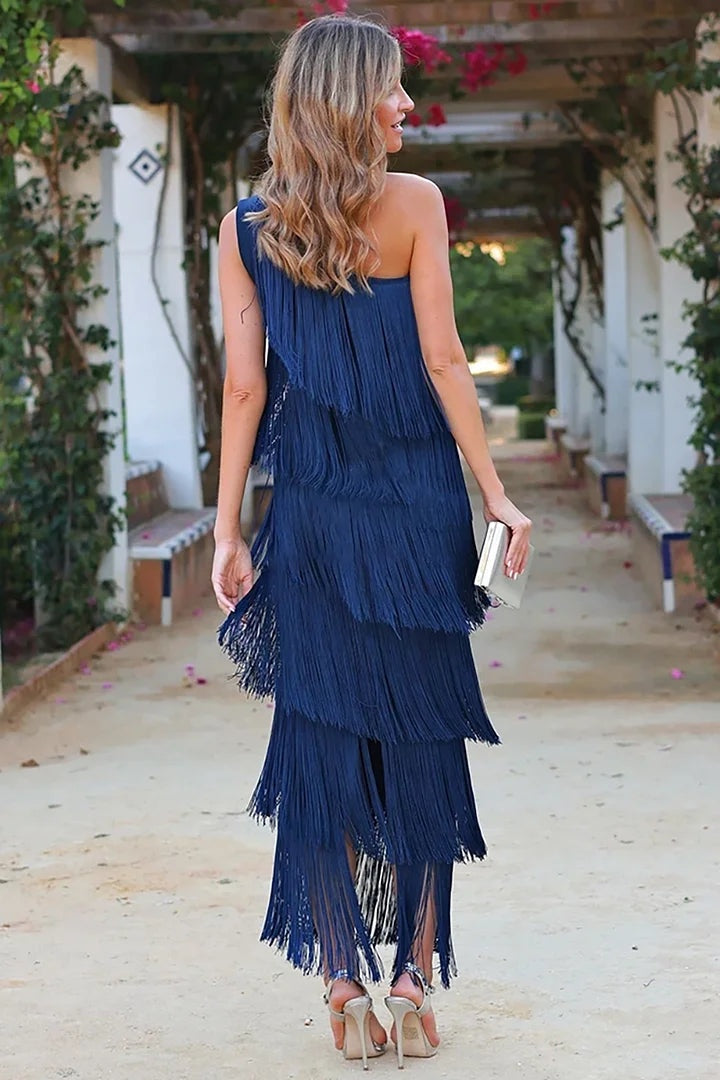 Nuvara | Esperanza | Vestido Largo Elegante Asimétrico de Un Hombro Mujer Flecos