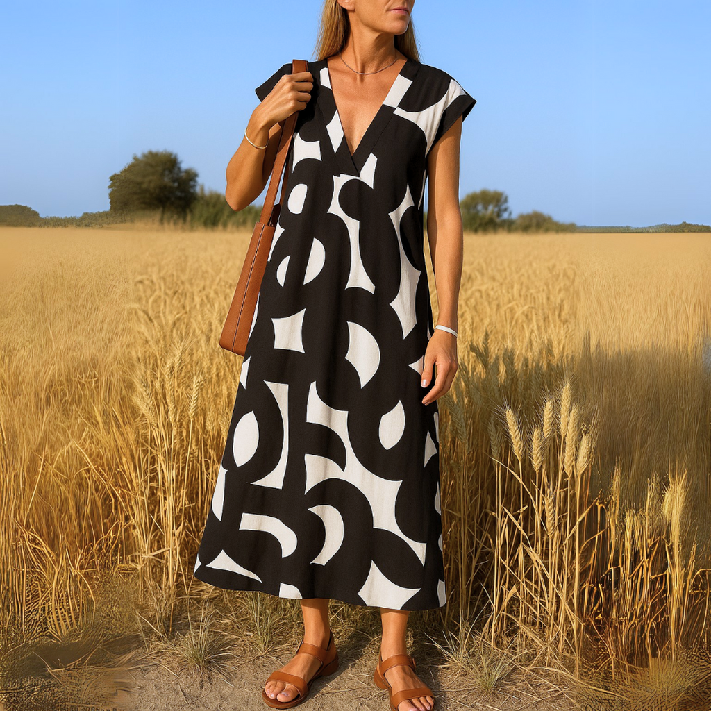 Nuvara | Esperanza | Vestido Casual Midi de Verano Estampado Geométrico Mujer Escote V
