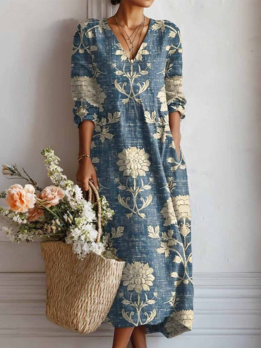 Nuvara | Esperanza | Vestido Midi Boho de Lino Estampado Mujer Escote V