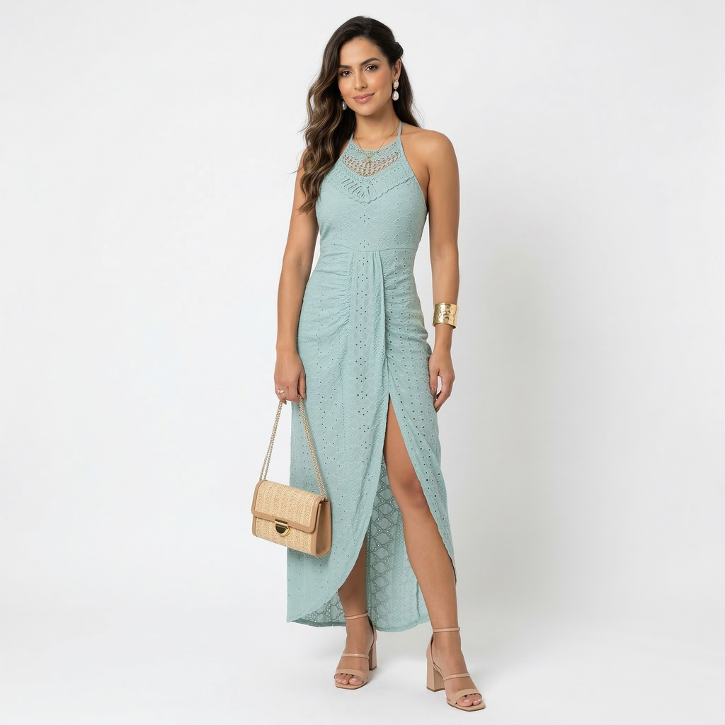 Nuvara | Esperanza | Vestido Midi de Verano Mujer Cuello Alto Crochet