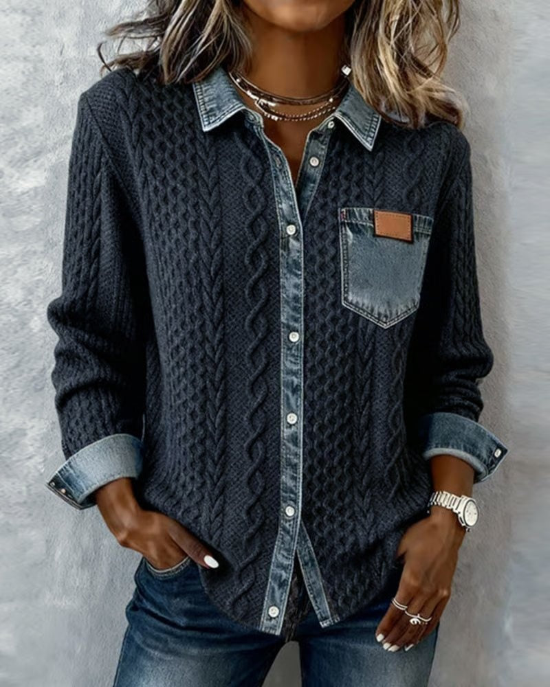 Esther | Blusa de Punto con Detalle Denim Mujer Manga Larga Trenzas