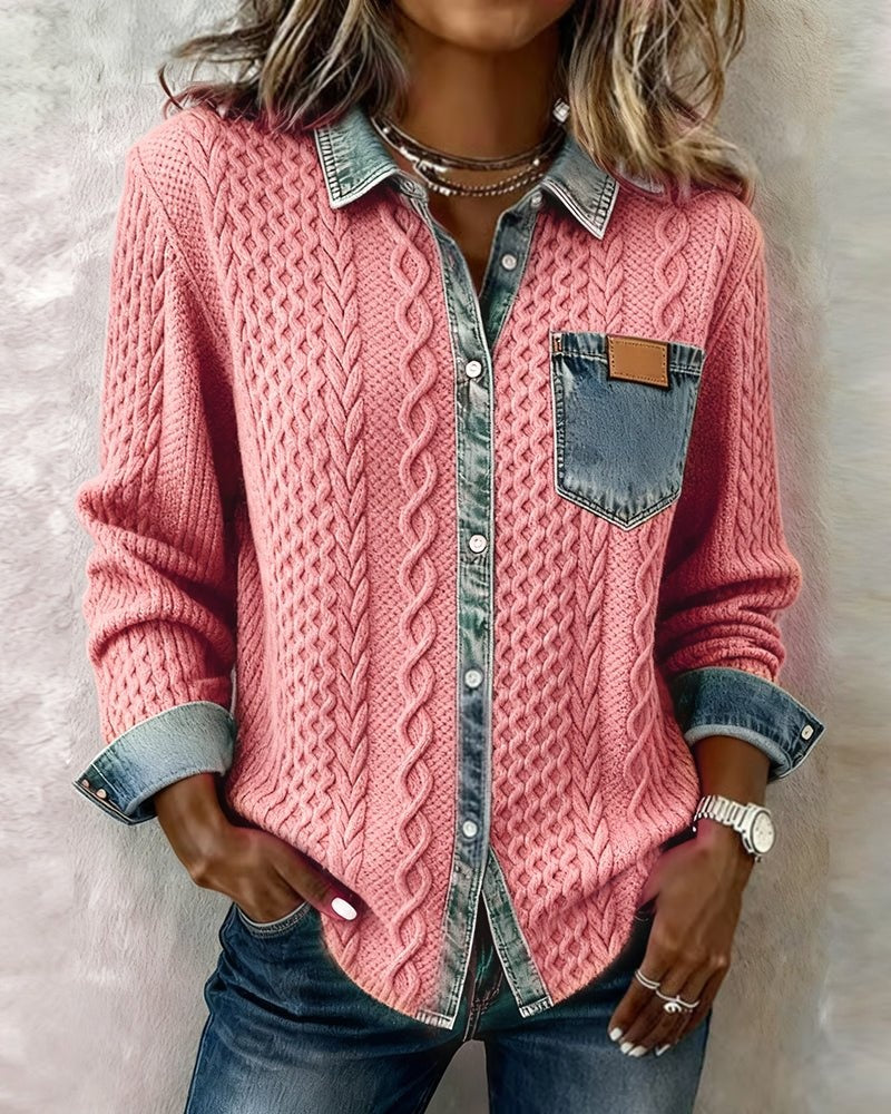 Esther | Blusa de Punto con Detalle Denim Mujer Manga Larga Trenzas