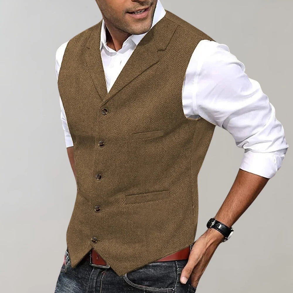Nuvara | Fernando | Chaleco de Tweed Espiga Hombre Cuello Solapa Botones