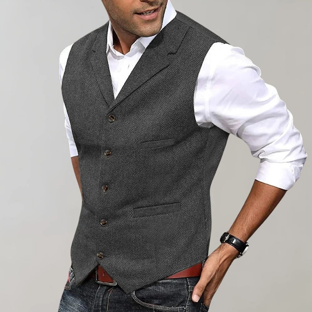 Nuvara | Fernando | Chaleco de Tweed Espiga Hombre Cuello Solapa Botones