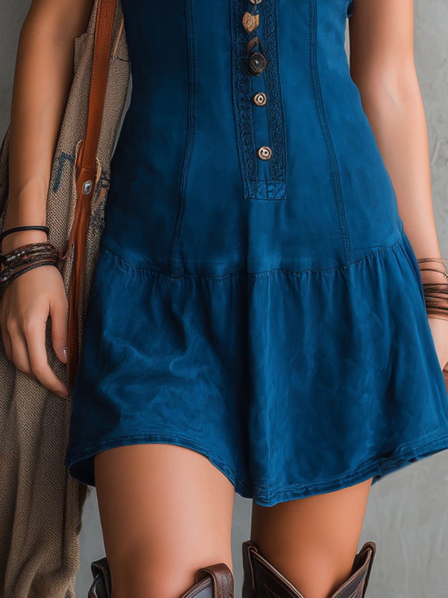 Nuvara | Gema | Vestido Corto Boho Mujer Sin Mangas Escote V Botones