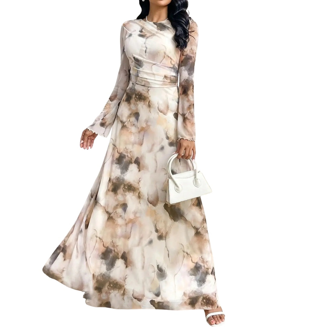 Nuvara | Gema | Vestido Largo Elegante Estampado Mujer Manga Larga Cuello Redondo