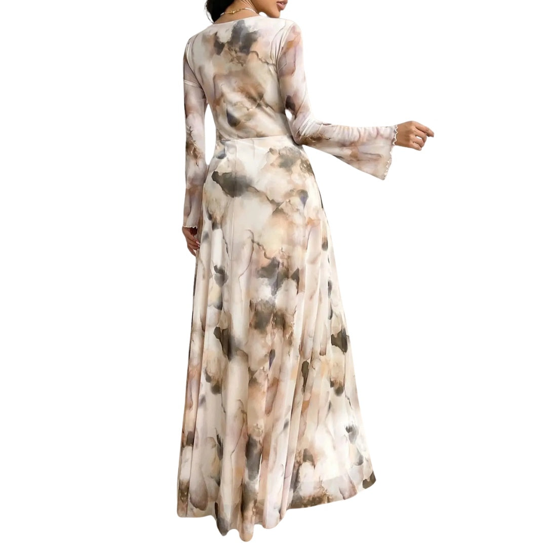 Nuvara | Gema | Vestido Largo Elegante Estampado Mujer Manga Larga Cuello Redondo