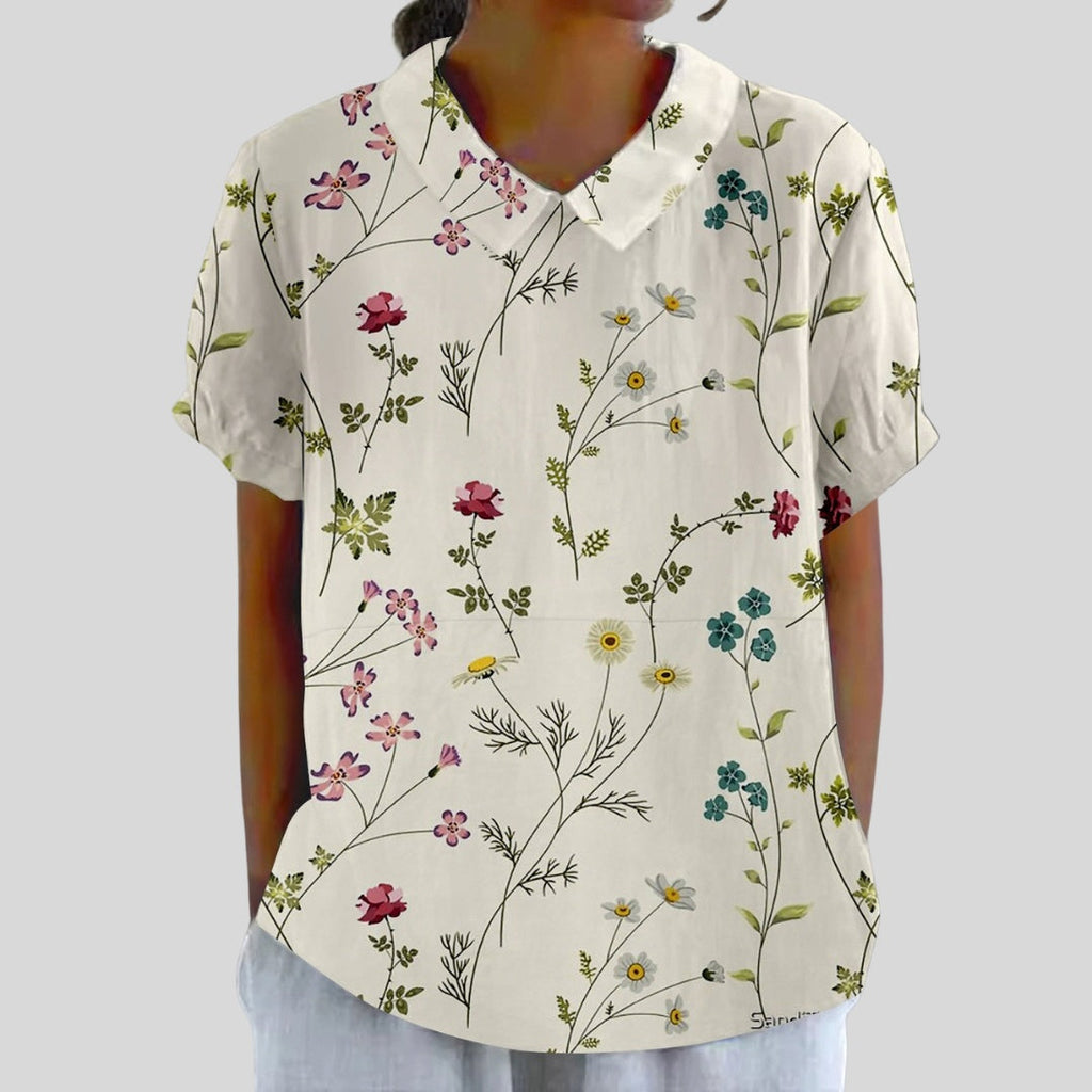 Gloria | Blusa Estampado Floral de Manga Corta Mujer Cuello Clásico