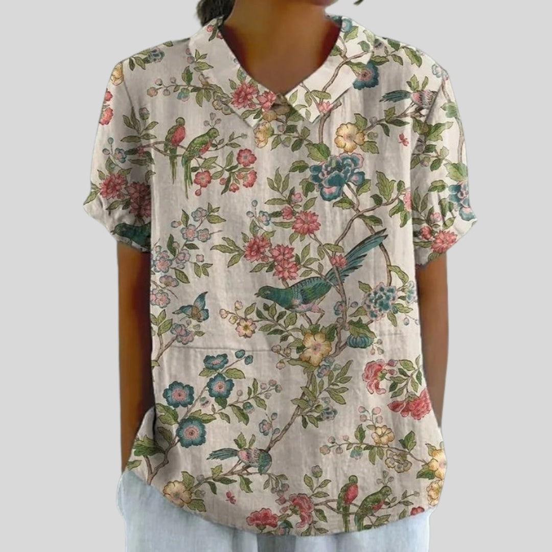 Gloria | Blusa Estampado Floral de Manga Corta Mujer Cuello Clásico