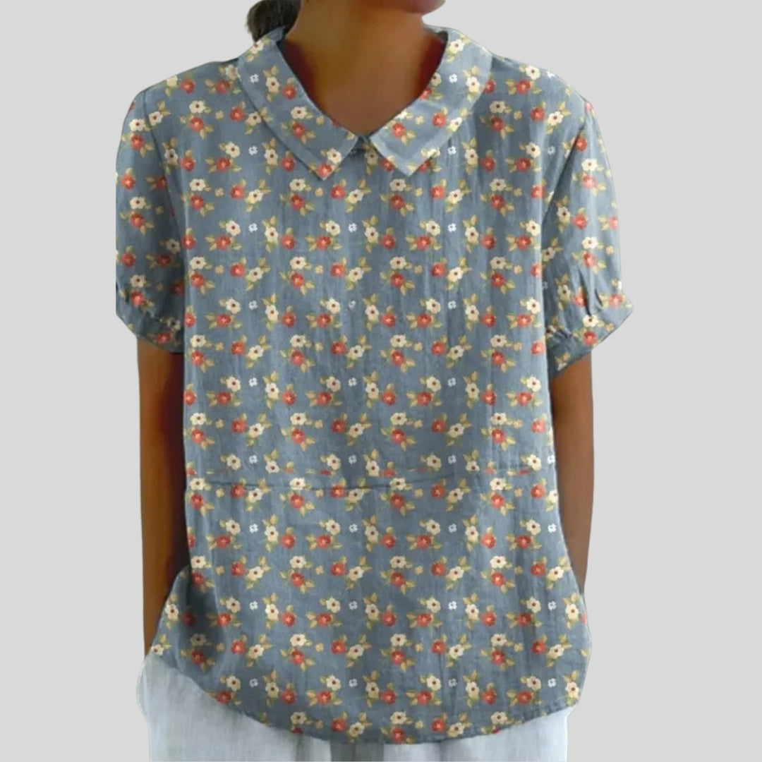Gloria | Blusa Estampado Floral de Manga Corta Mujer Cuello Clásico