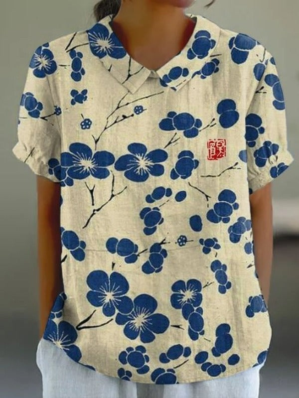 Gloria | Blusa Estampado Floral de Manga Corta Mujer Cuello Clásico