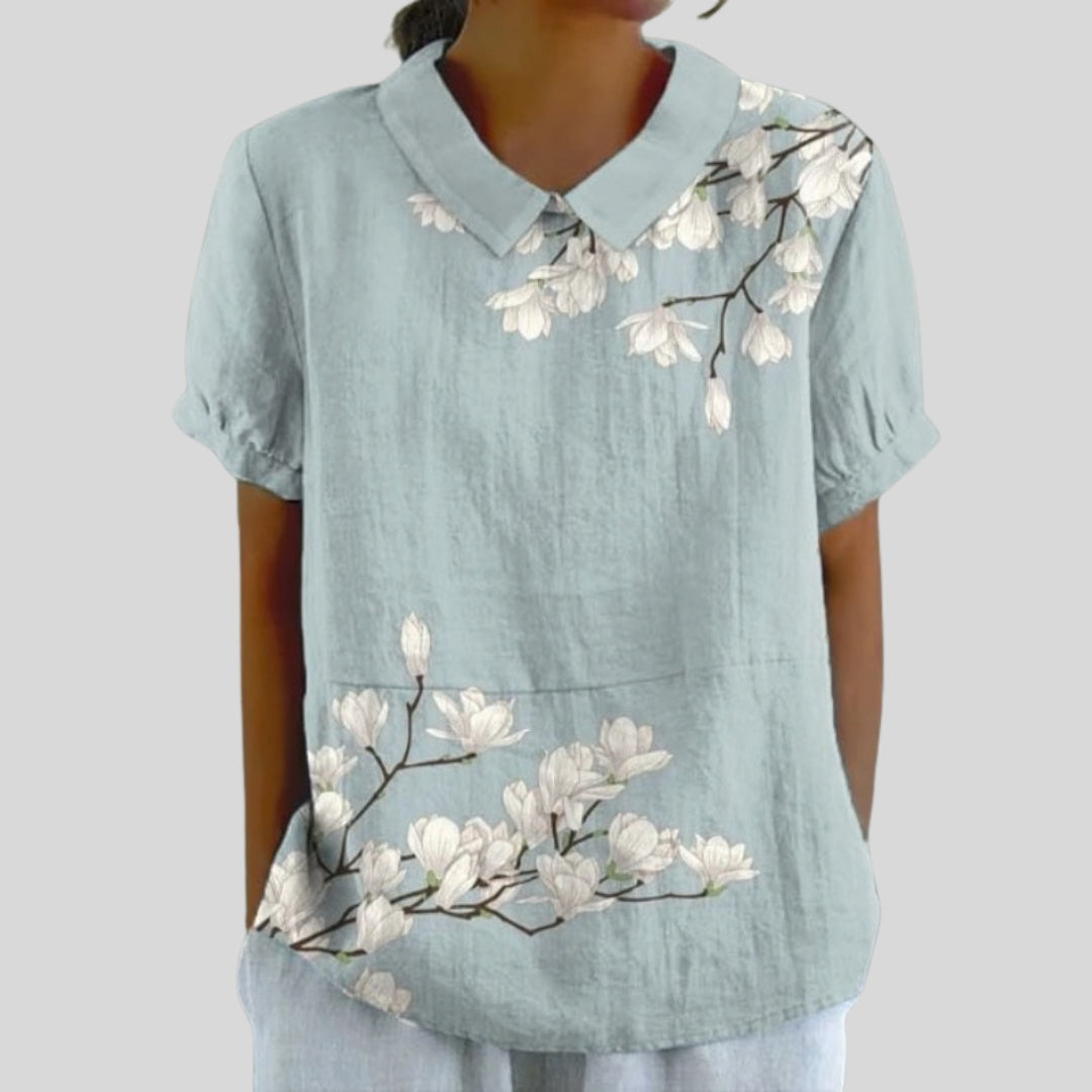 Gloria | Blusa Estampado Floral de Manga Corta Mujer Cuello Clásico