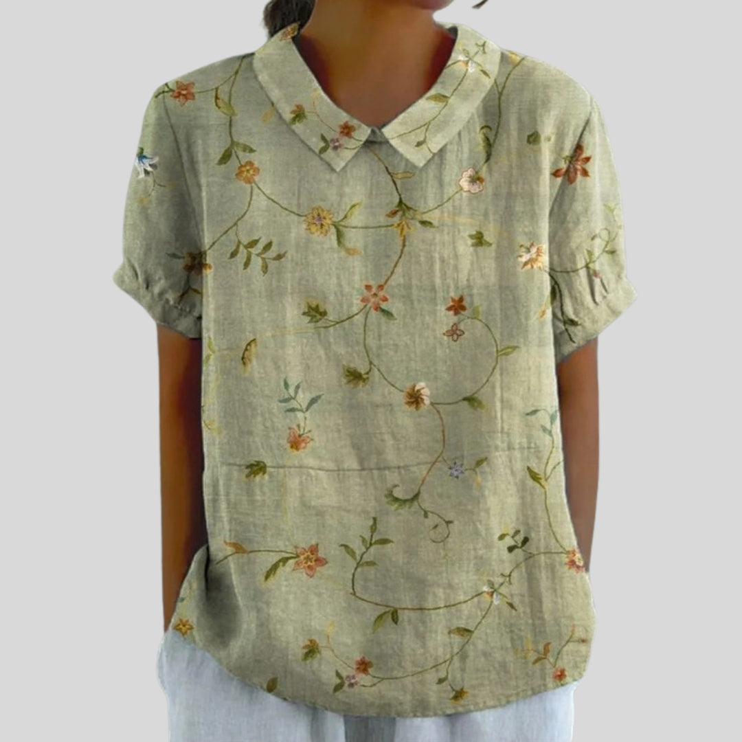 Gloria | Blusa Estampado Floral de Manga Corta Mujer Cuello Clásico