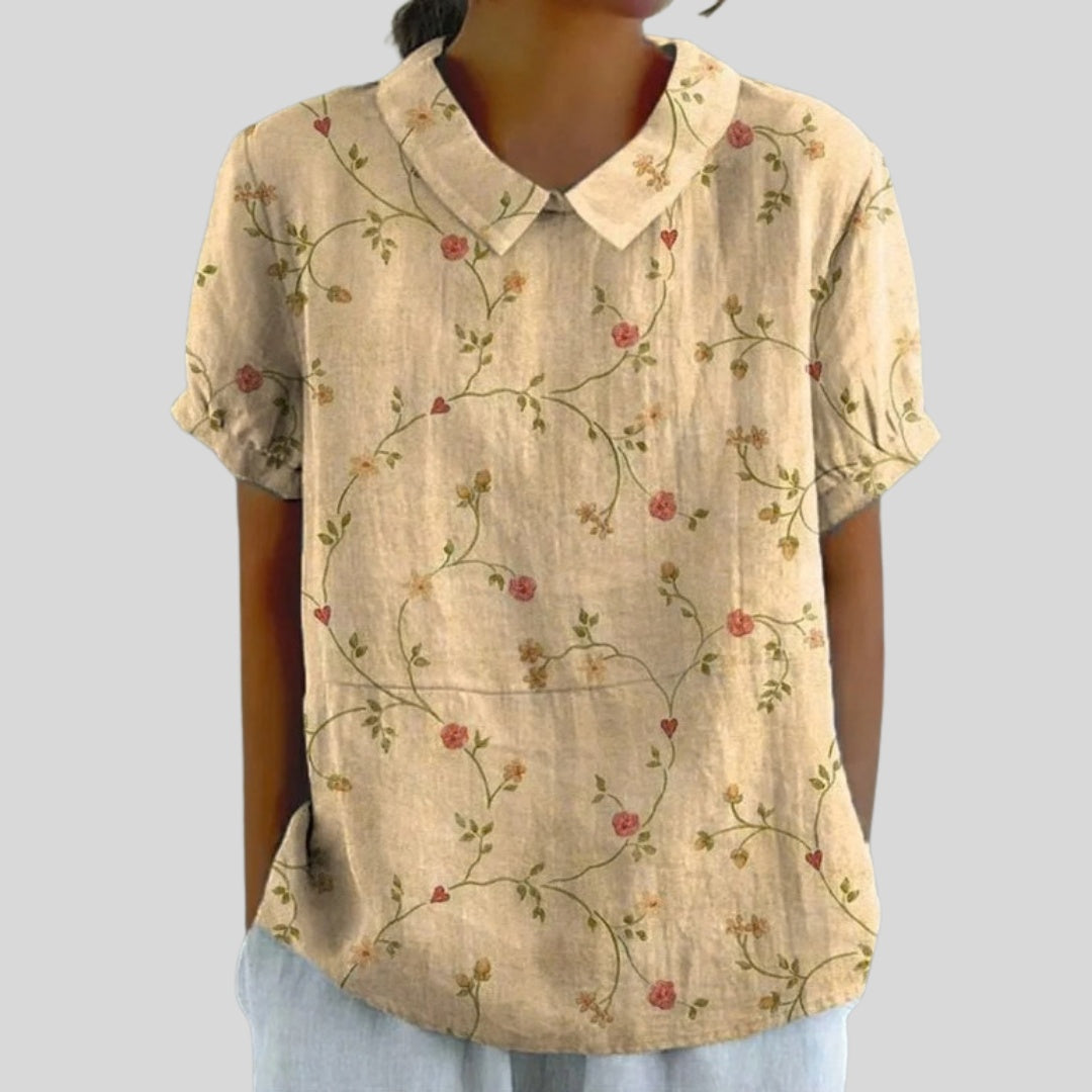Gloria | Blusa Estampado Floral de Manga Corta Mujer Cuello Clásico