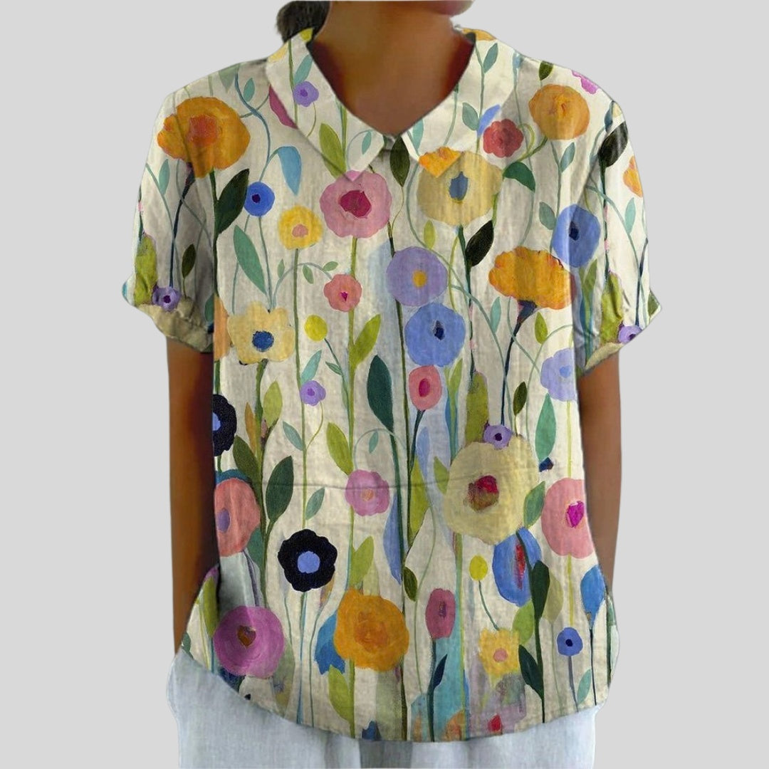 Gloria | Blusa Estampado Floral de Manga Corta Mujer Cuello Clásico