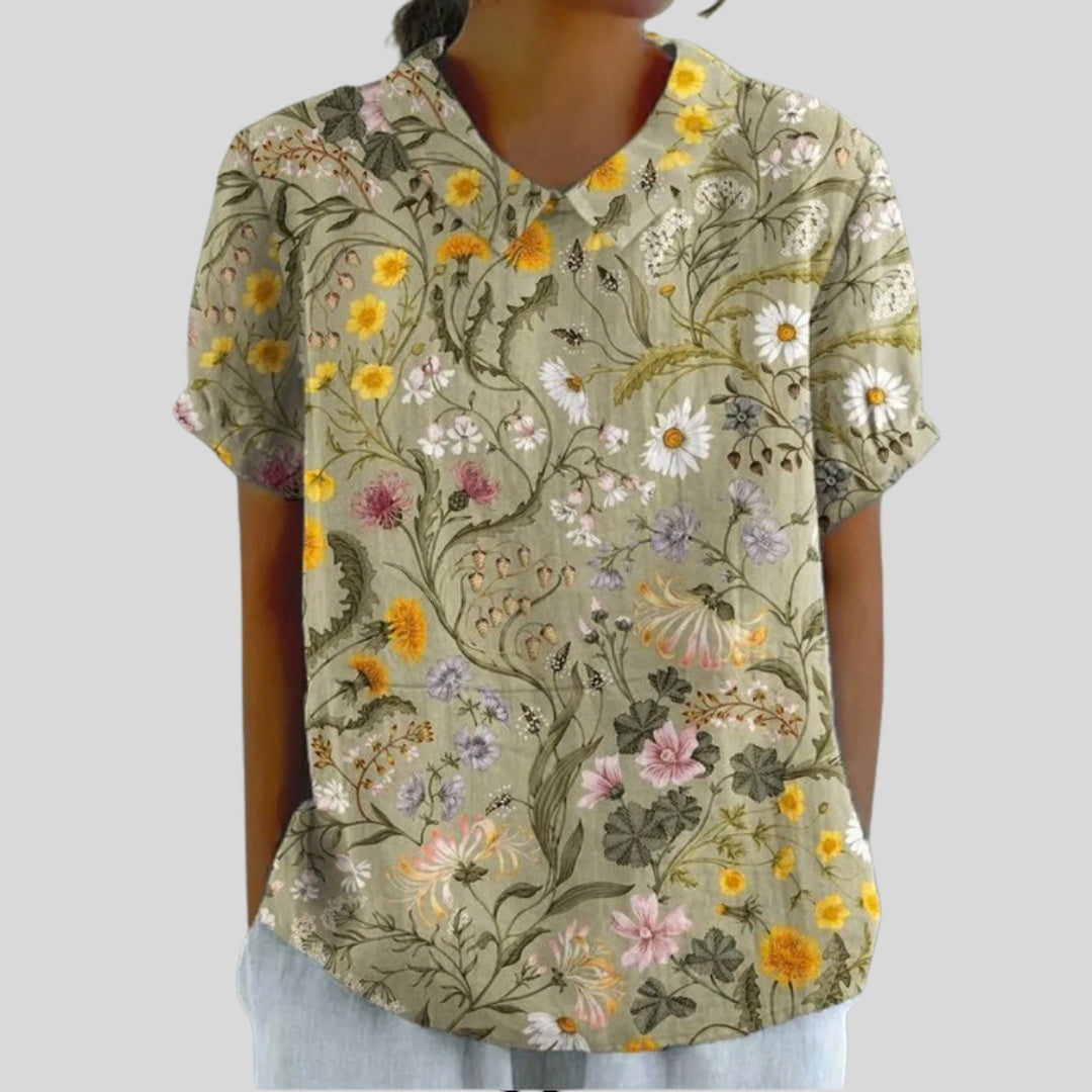 Gloria | Blusa Estampado Floral de Manga Corta Mujer Cuello Clásico