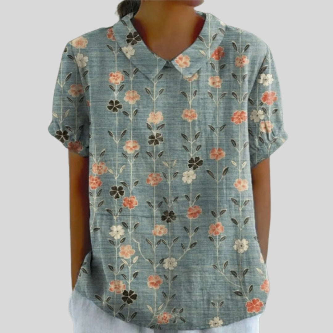 Gloria | Blusa Estampado Floral de Manga Corta Mujer Cuello Clásico