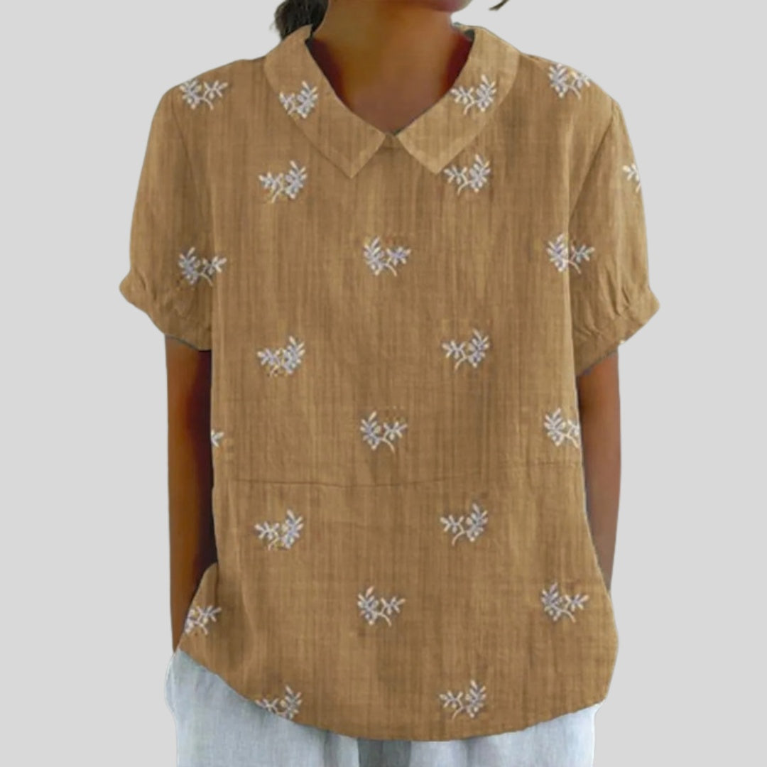 Gloria | Blusa Estampado Floral de Manga Corta Mujer Cuello Clásico