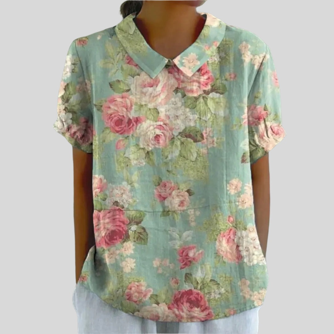 Gloria | Blusa Estampado Floral de Manga Corta Mujer Cuello Clásico