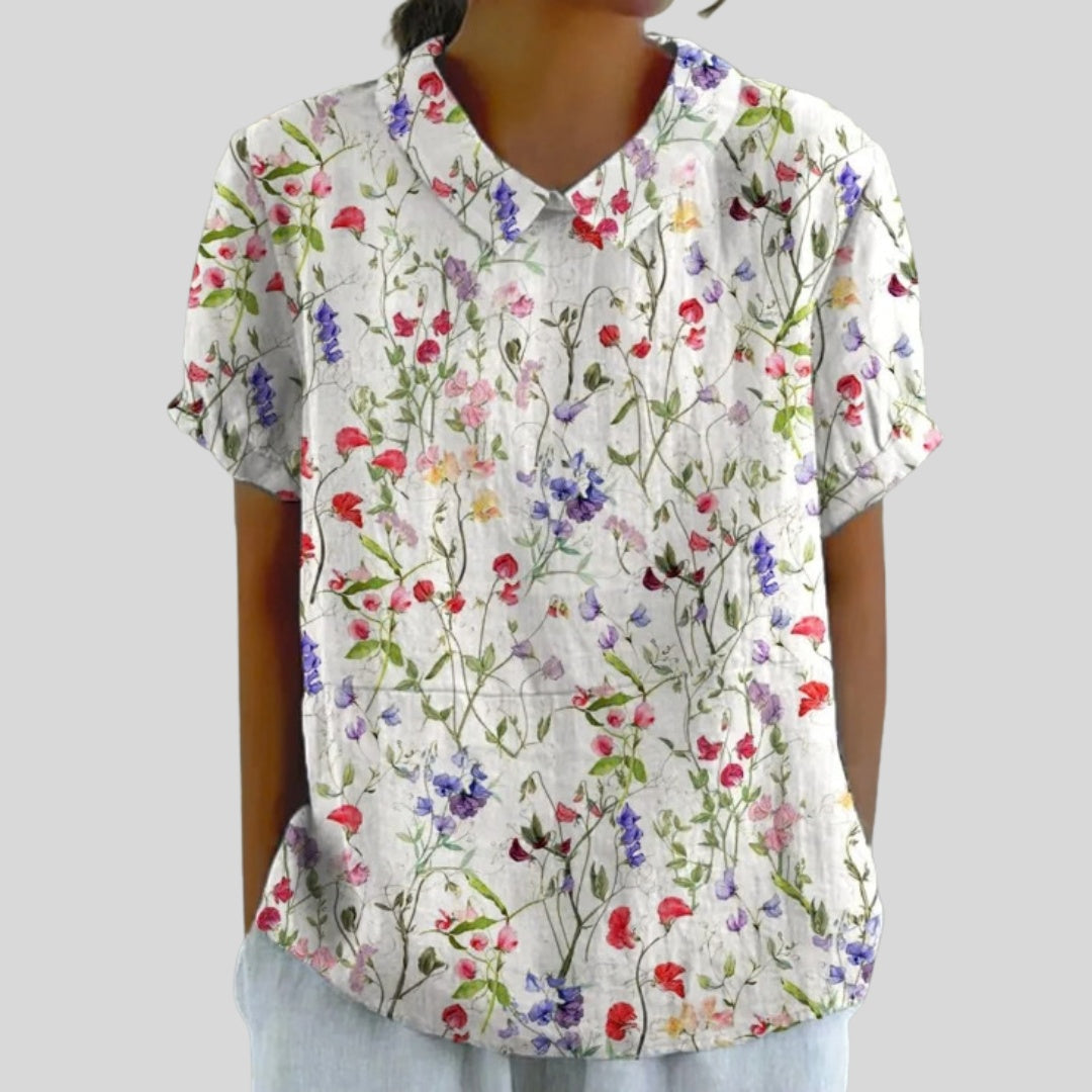 Gloria | Blusa Estampado Floral de Manga Corta Mujer Cuello Clásico