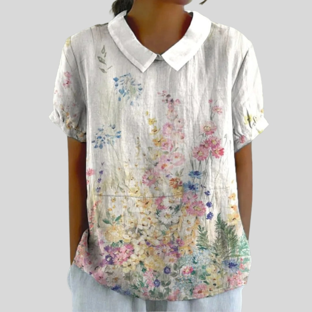 Gloria | Blusa Estampado Floral de Manga Corta Mujer Cuello Clásico