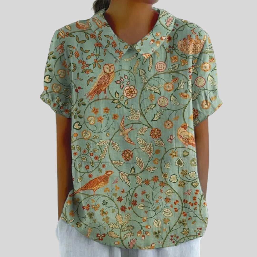 Gloria | Blusa Estampado Floral de Manga Corta Mujer Cuello Clásico