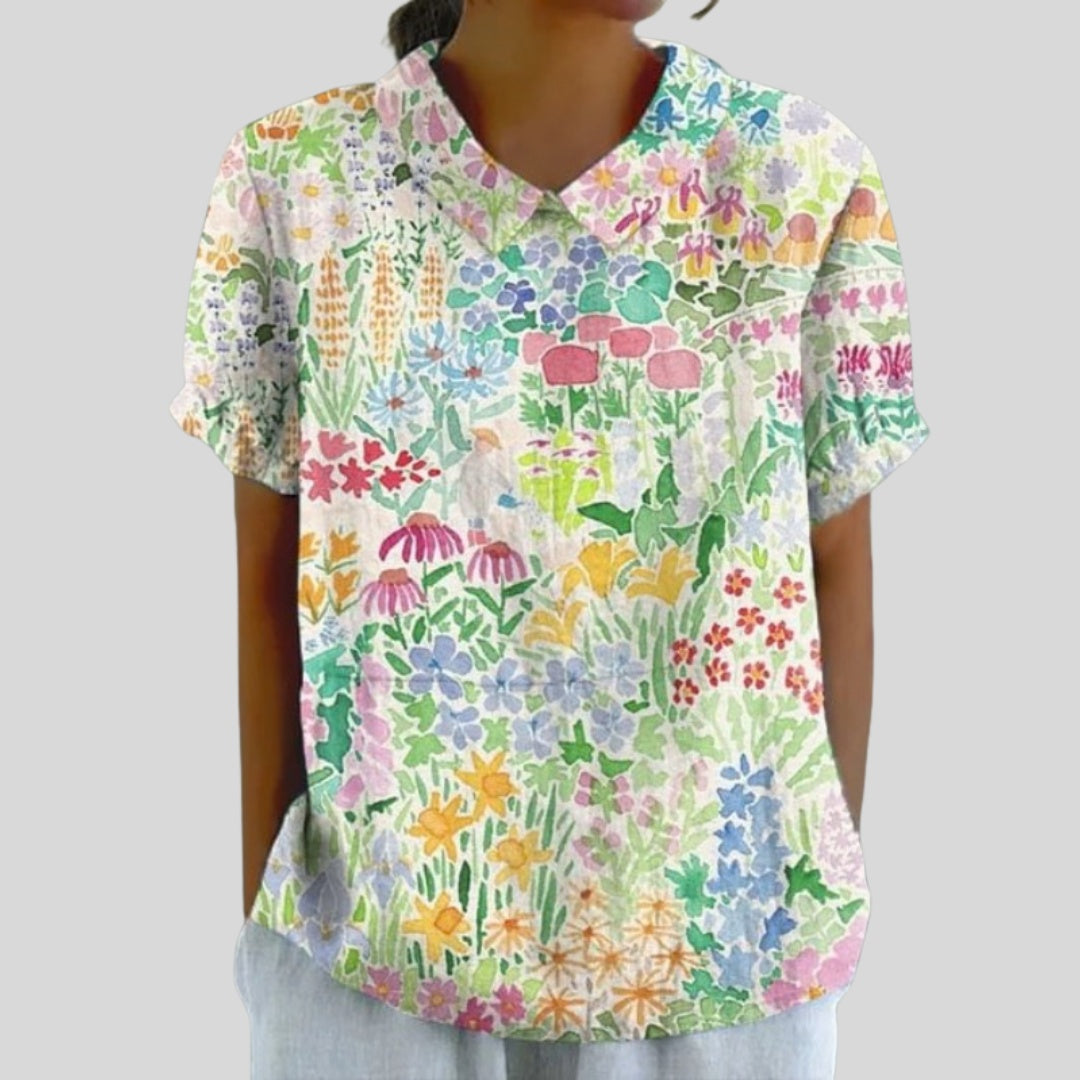 Gloria | Blusa Estampado Floral de Manga Corta Mujer Cuello Clásico