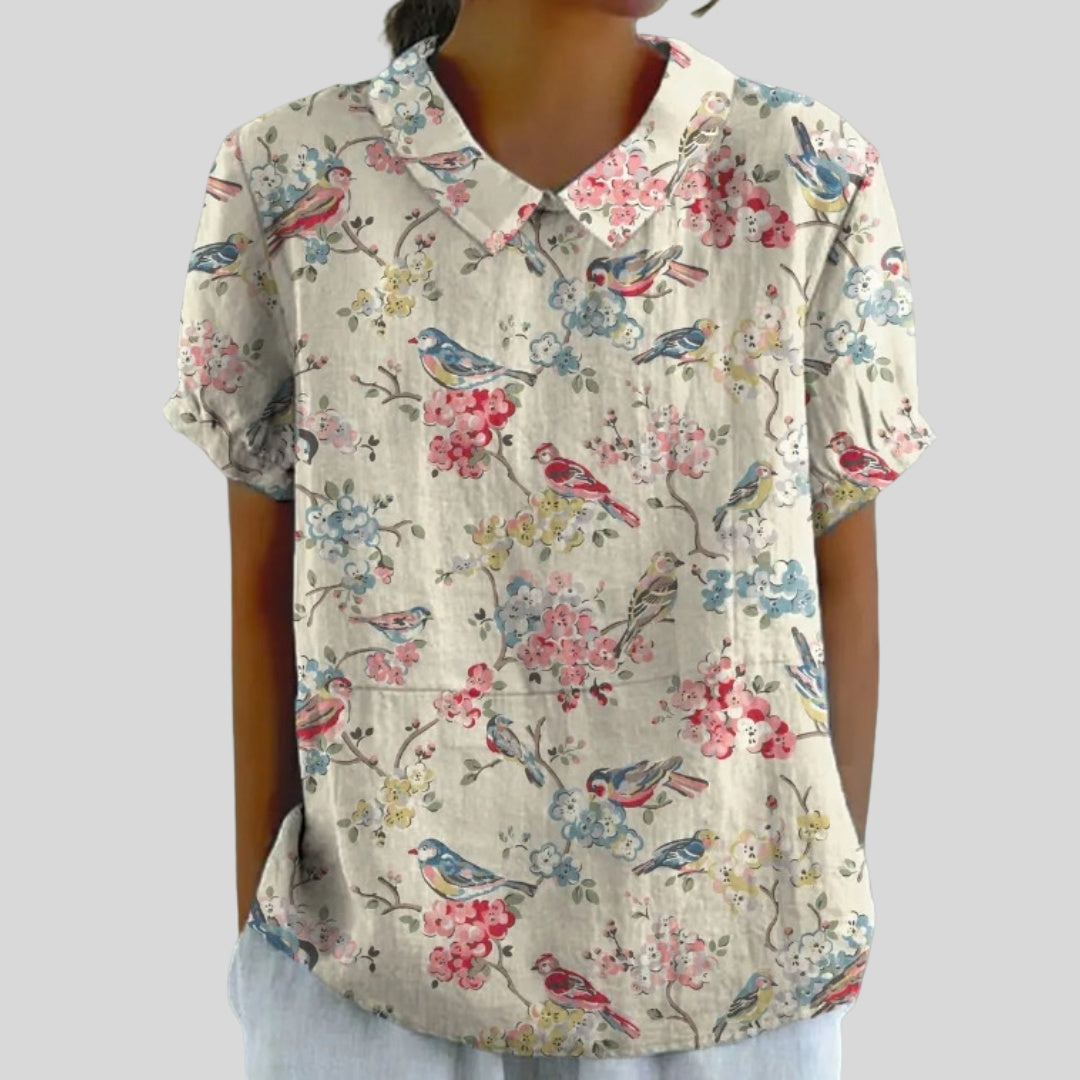 Gloria | Blusa Estampado Floral de Manga Corta Mujer Cuello Clásico