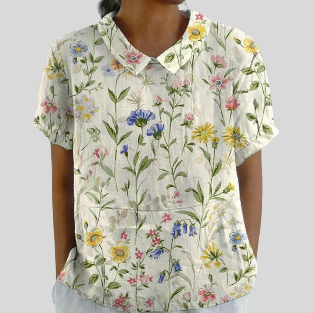 Gloria | Blusa Estampado Floral de Manga Corta Mujer Cuello Clásico