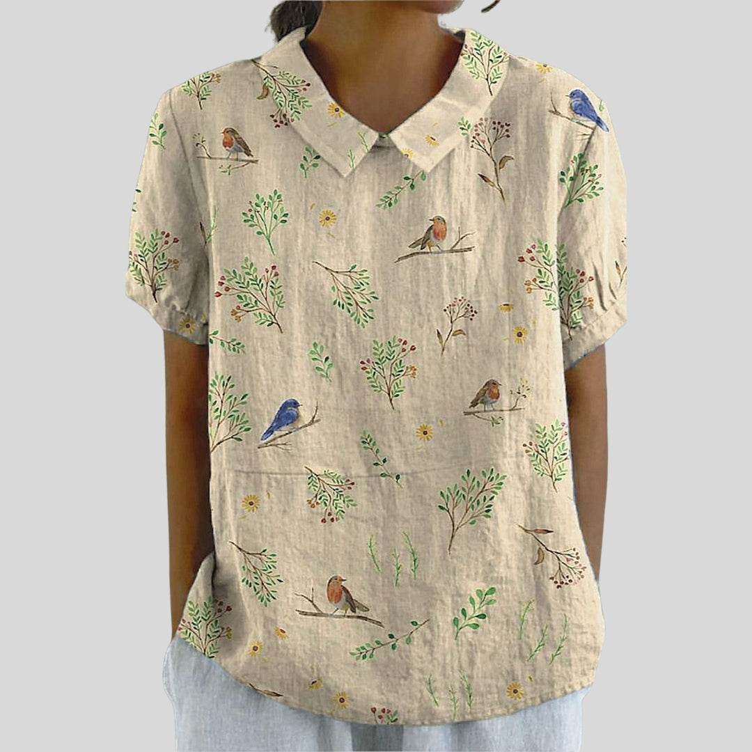 Gloria | Blusa Estampado Floral de Manga Corta Mujer Cuello Clásico