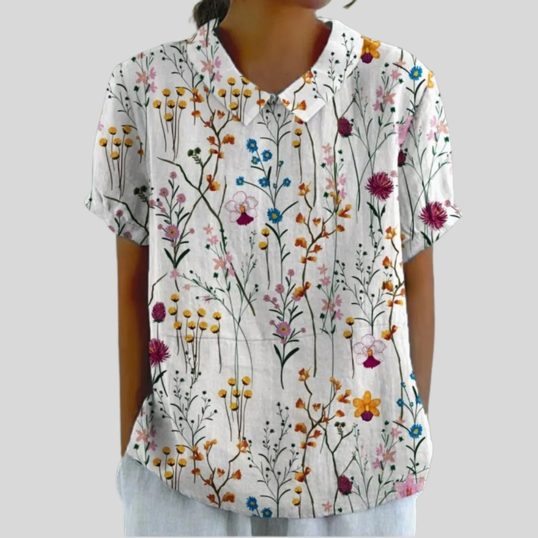 Gloria | Blusa Estampado Floral de Manga Corta Mujer Cuello Clásico