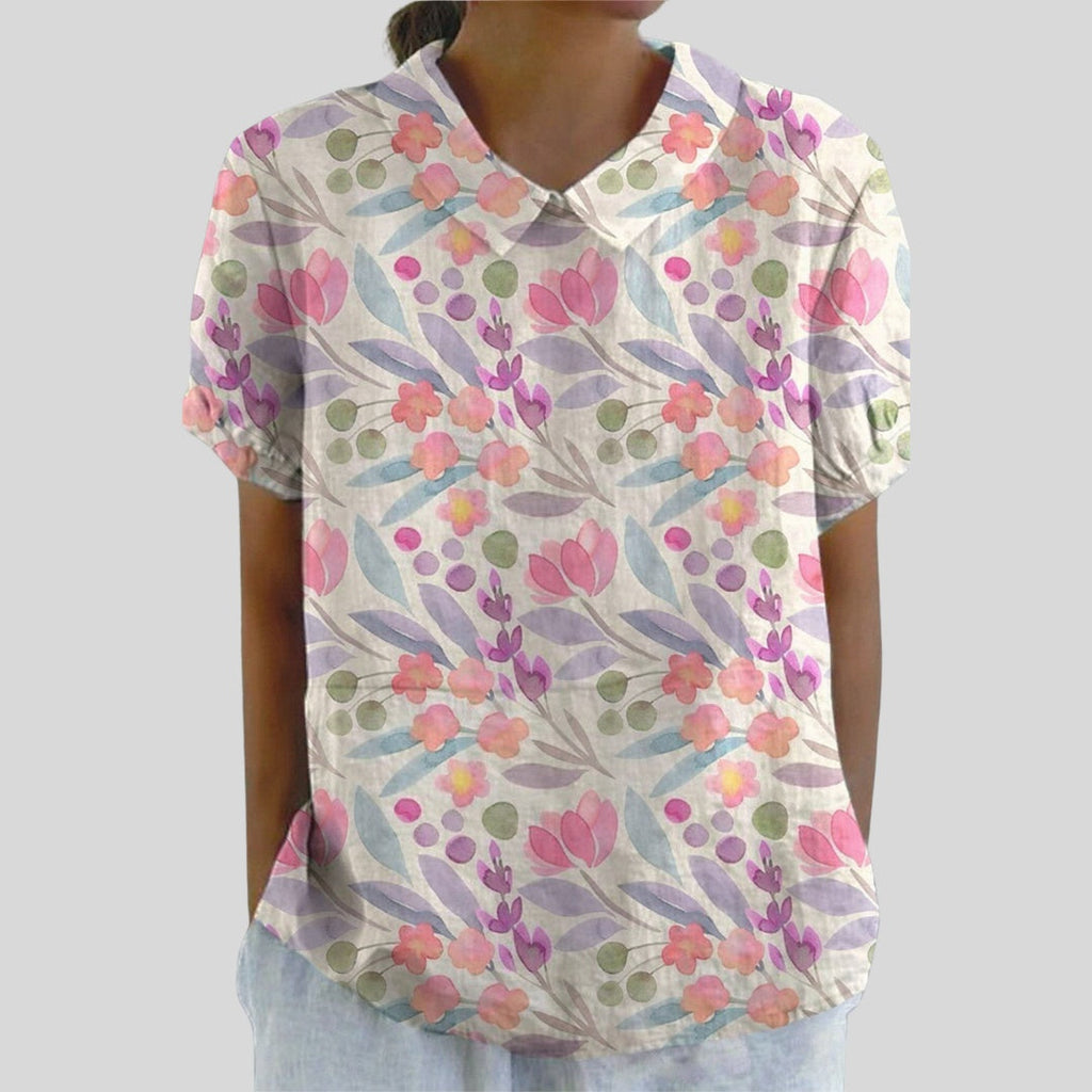 Gloria | Blusa Estampado Floral de Manga Corta Mujer Cuello Clásico
