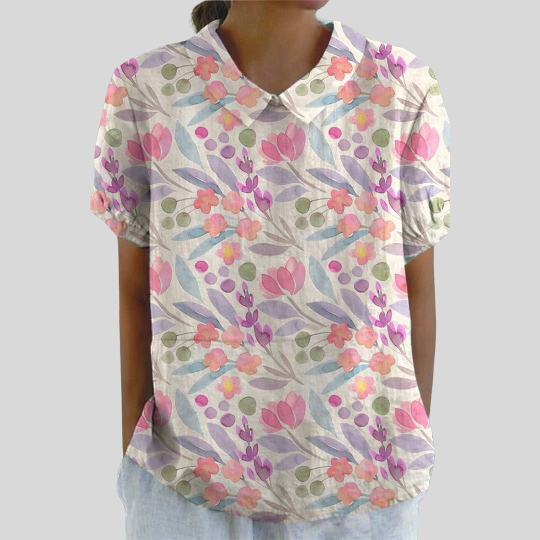 Gloria | Blusa Estampado Floral de Manga Corta Mujer Cuello Clásico
