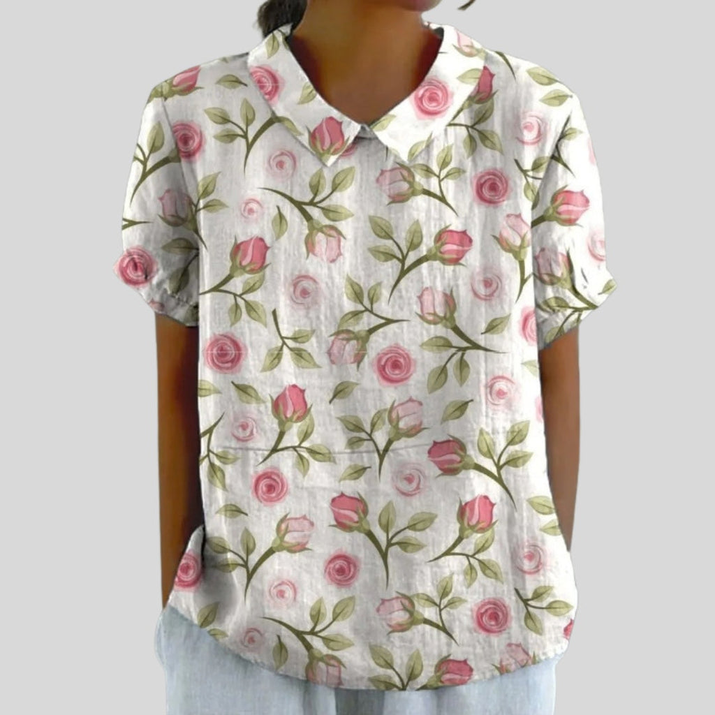 Gloria | Blusa Estampado Floral de Manga Corta Mujer Cuello Clásico