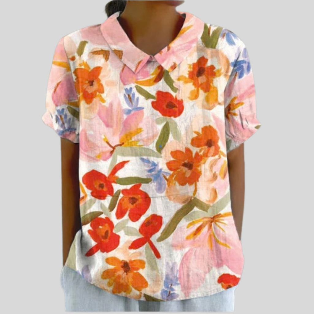 Gloria | Blusa Estampado Floral de Manga Corta Mujer Cuello Clásico