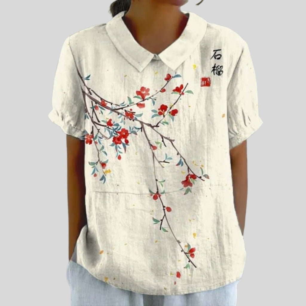 Gloria | Blusa Estampado Floral de Manga Corta Mujer Cuello Clásico