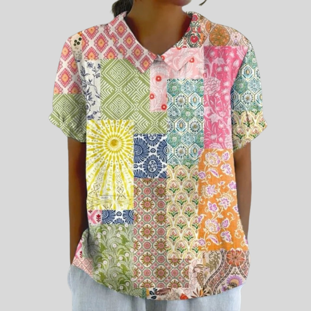 Gloria | Blusa Estampado Floral de Manga Corta Mujer Cuello Clásico