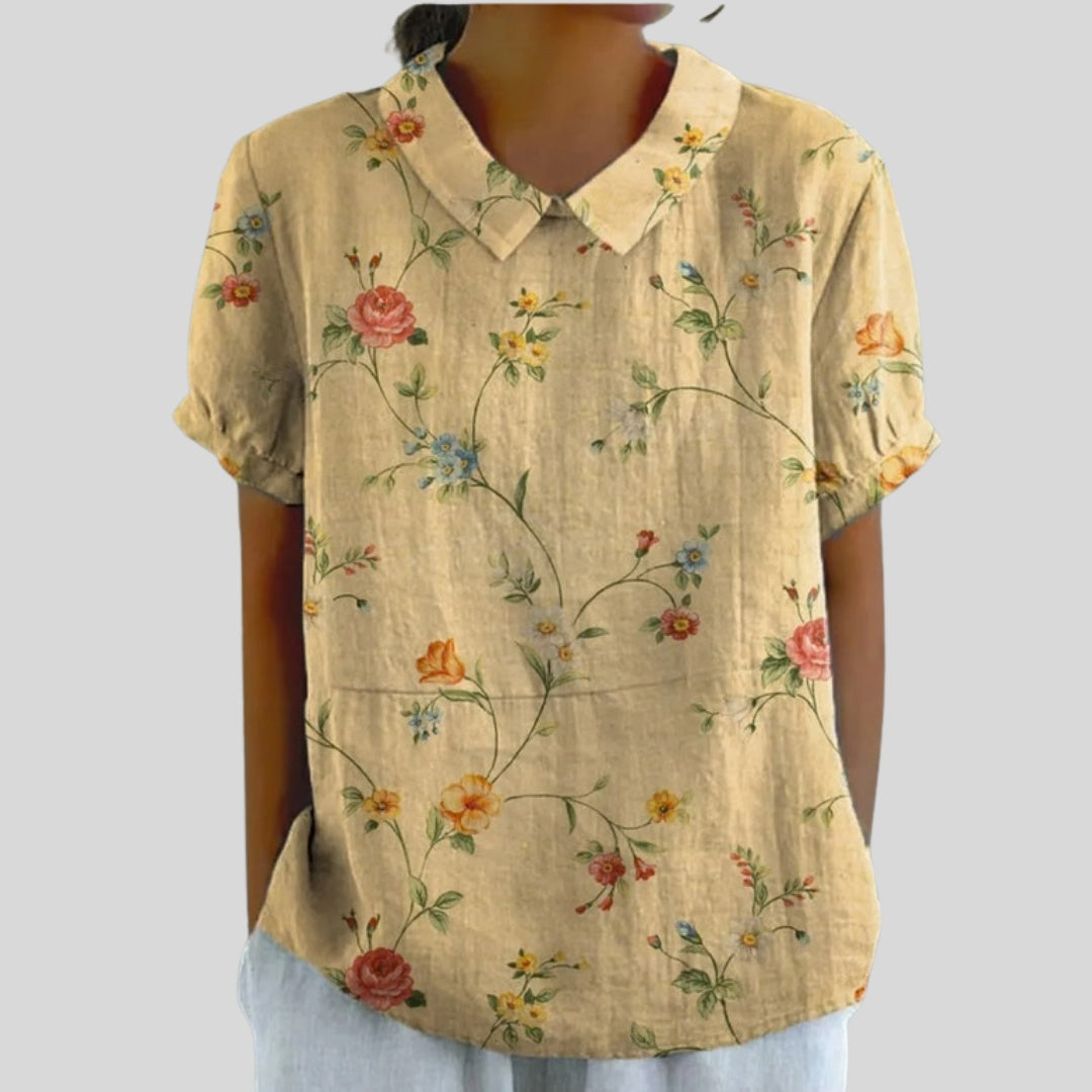 Gloria | Blusa Estampado Floral de Manga Corta Mujer Cuello Clásico