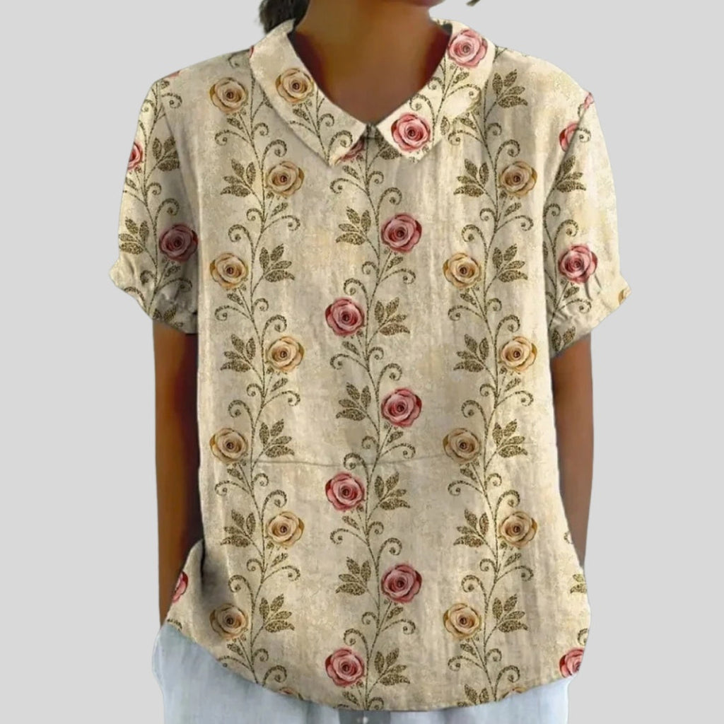 Gloria | Blusa Estampado Floral de Manga Corta Mujer Cuello Clásico