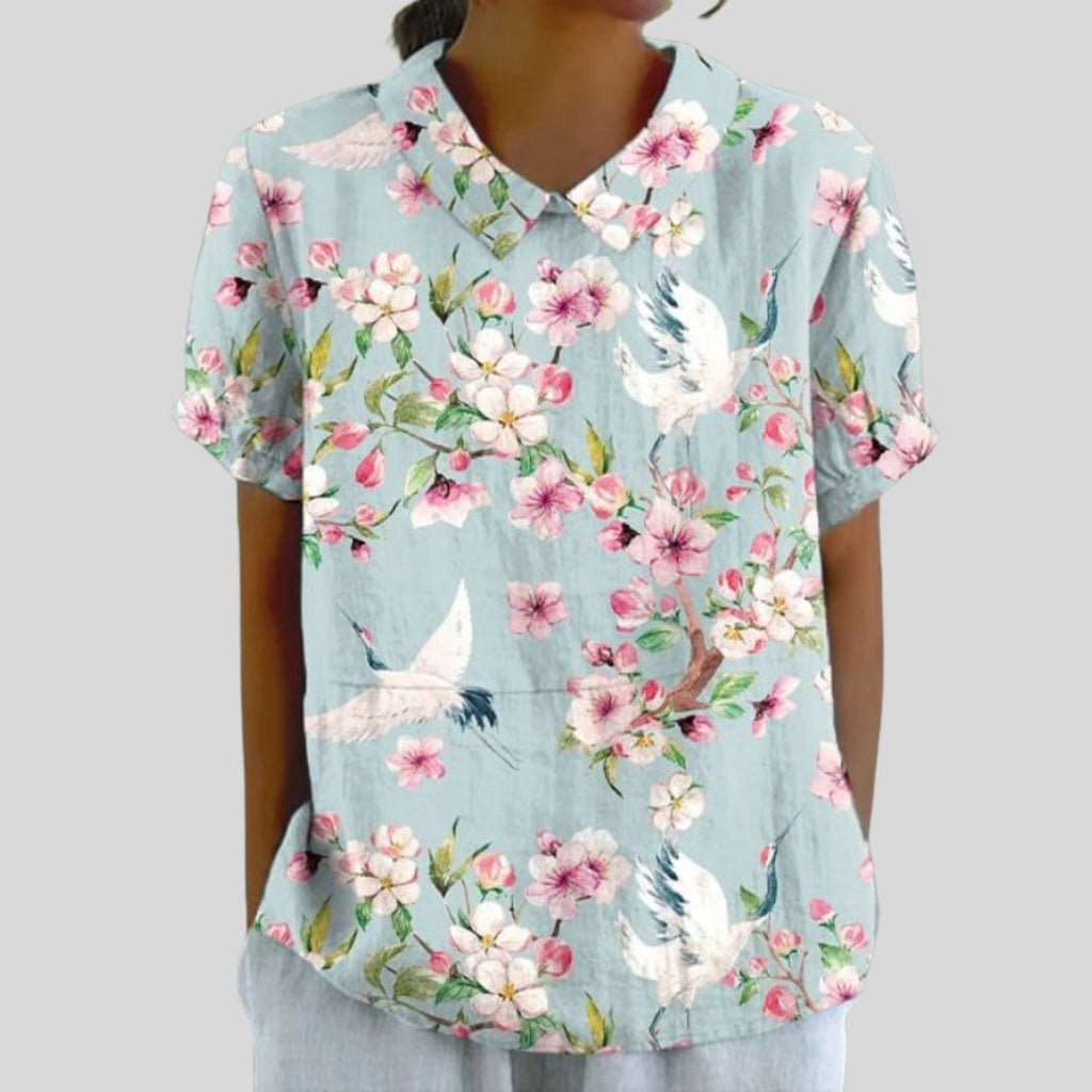 Gloria | Blusa Estampado Floral de Manga Corta Mujer Cuello Clásico