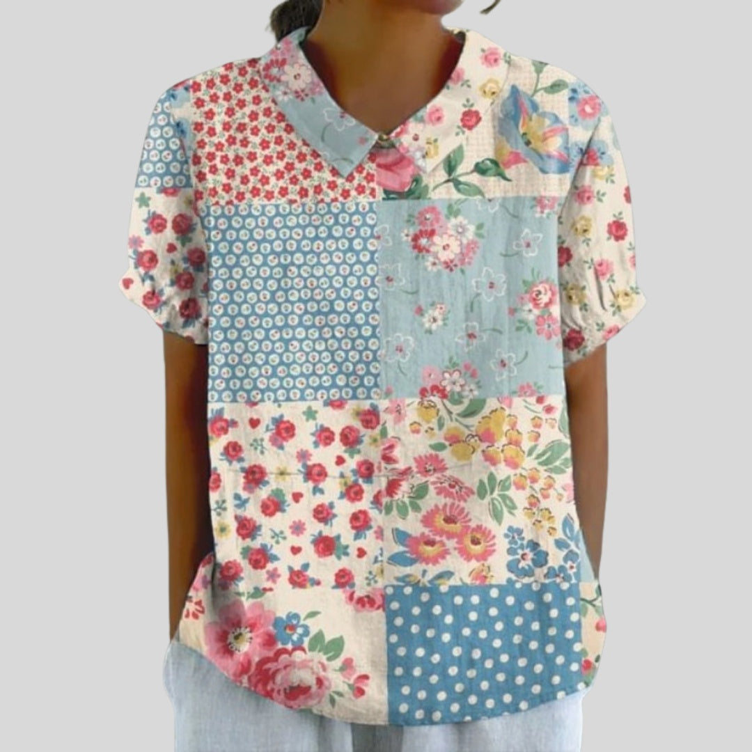 Gloria | Blusa Estampado Floral de Manga Corta Mujer Cuello Clásico