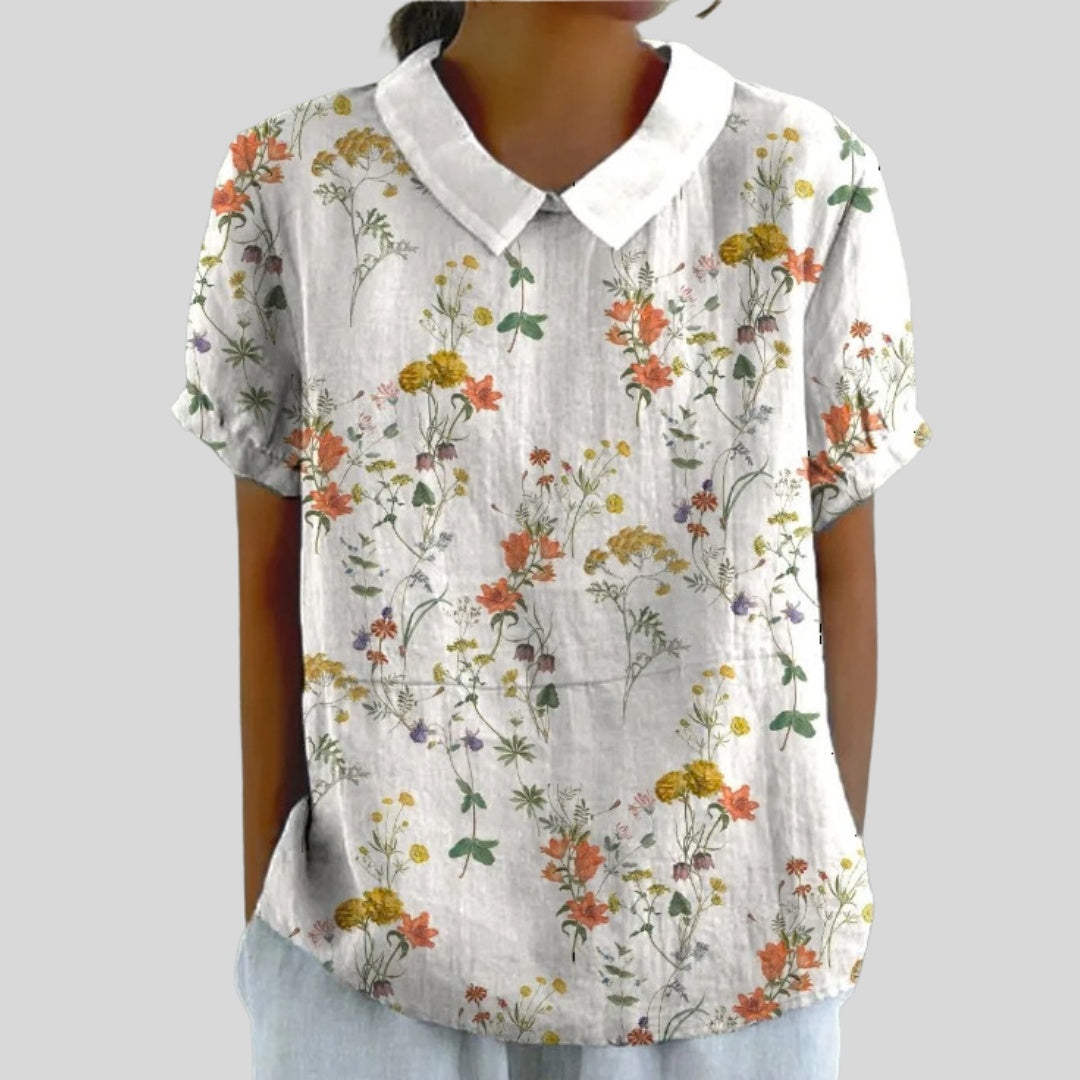 Gloria | Blusa Estampado Floral de Manga Corta Mujer Cuello Clásico