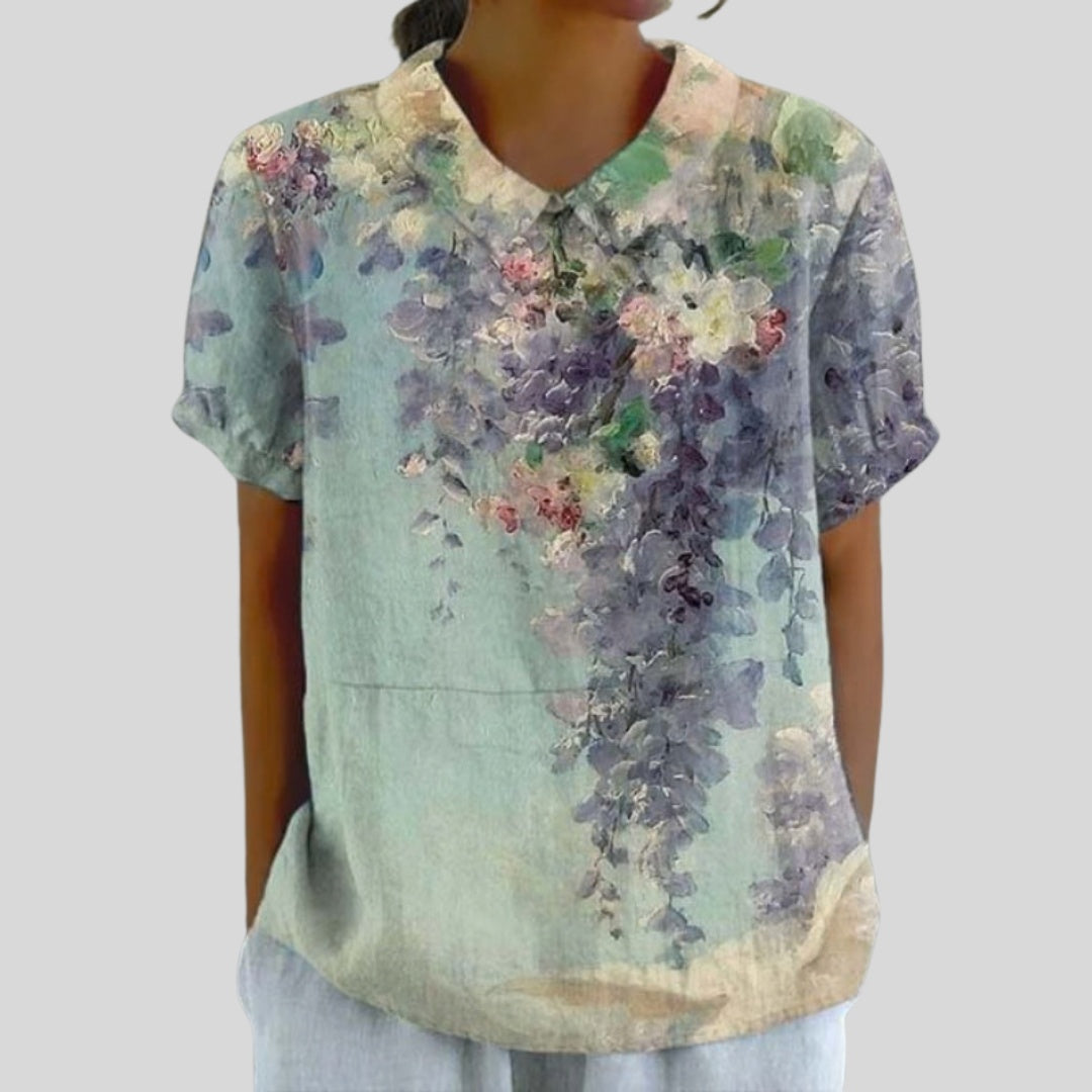 Gloria | Blusa Estampado Floral de Manga Corta Mujer Cuello Clásico