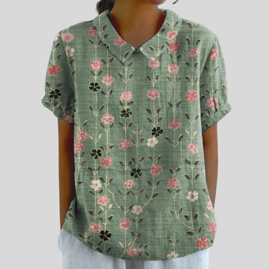 Gloria | Blusa Estampado Floral de Manga Corta Mujer Cuello Clásico