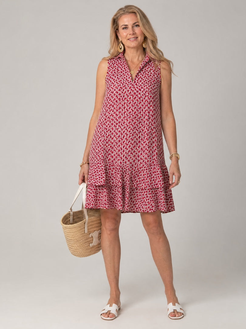 Nuvara | Gloria | Vestido Corto Camisero Estampado Sin Mangas Mujer Volante Bajo