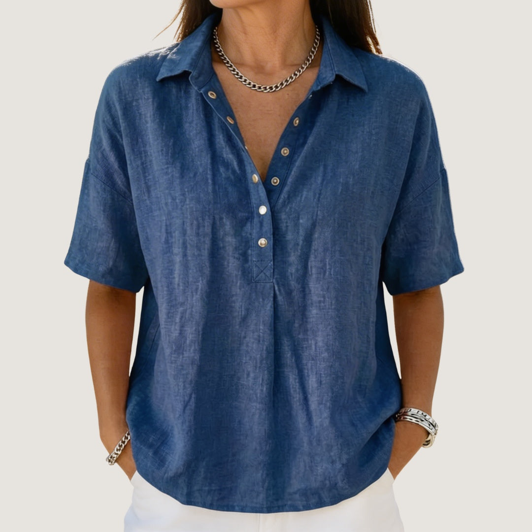 Inés | Blusa de Lino Manga Corta Mujer Cuello Polo Botones
