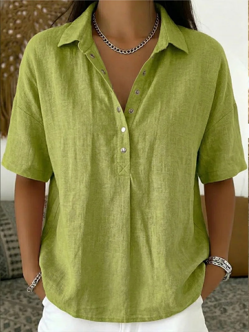 Inés | Blusa de Lino Manga Corta Mujer Cuello Polo Botones